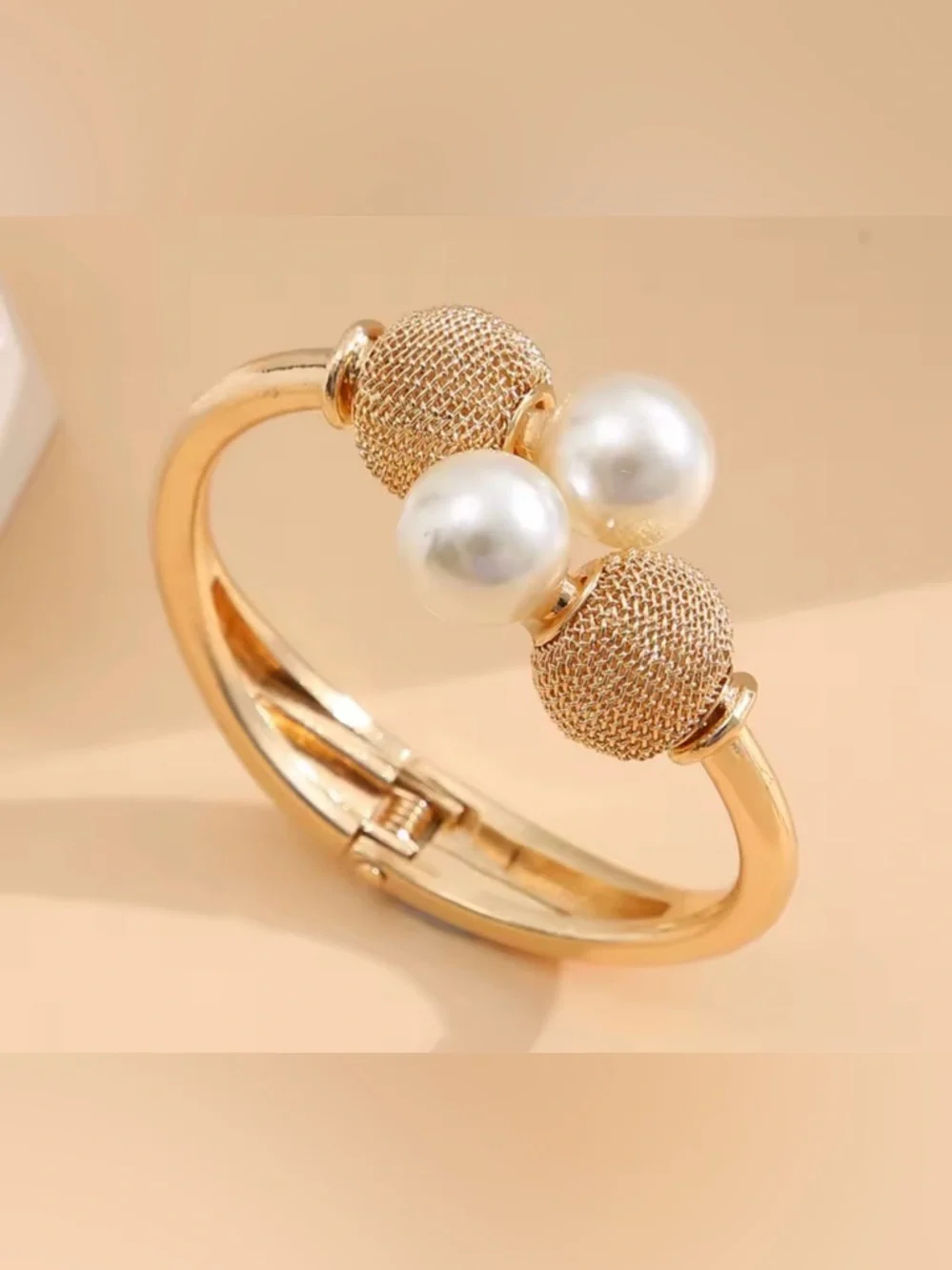 Gold-Tone Pearl Accent Hinged Bangle Bracelet - Picture 3 of 5